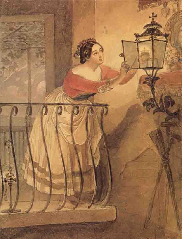 Karl Briullov An Italian Woman Lighting a lamp bfore the Image of the Madonna oil painting picture